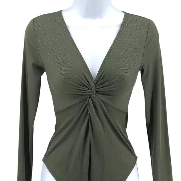 Bar III Dusty Olive Ribbed Twist Front Bodysuit Size Small NWT - Picture 3 of 9